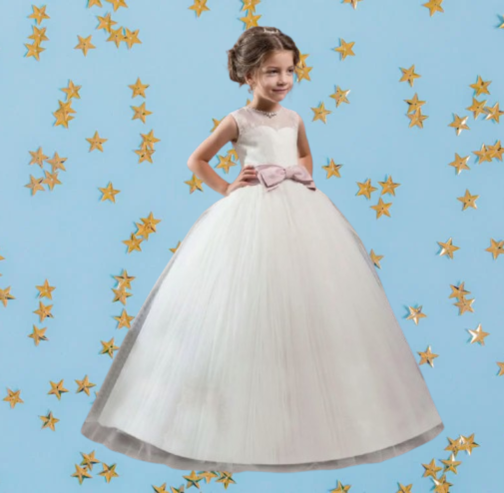 Vestido de Gala Blanco con Motivo Rosa