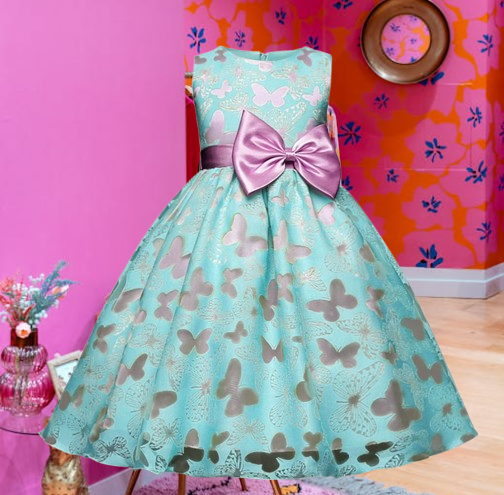 Vestido de Gala Azul con Mariposas y Motivo Lila